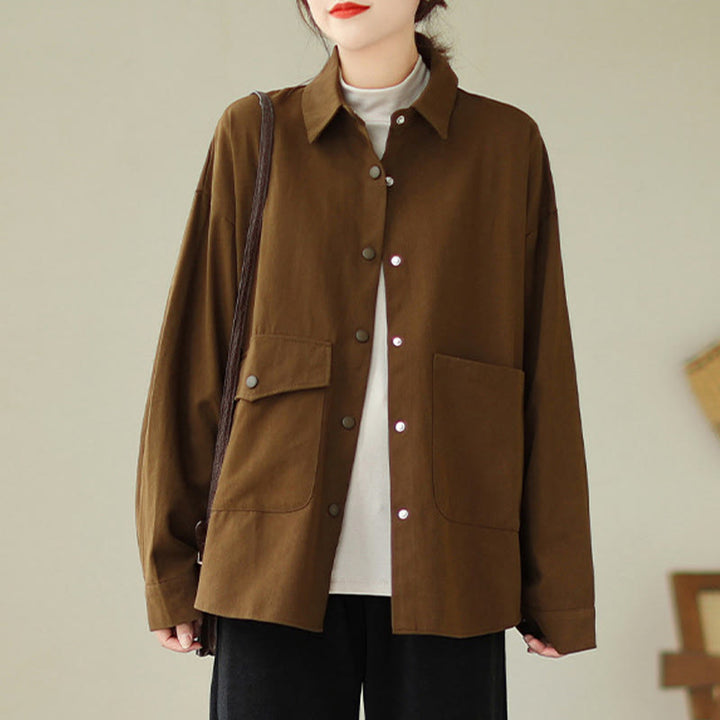 Buddha Stones Women's Long Sleeve Button Cotton Jacket With Pockets - SaddleBrown - US14,UK/AU18,EU46 (2XL) - image 0