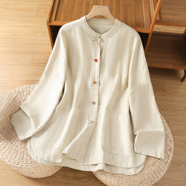 Buddha Stones Casual Frog-button Women's Long Sleeve Cotton Polyester Shirt With Pockets - Beige - US14,UK/AU18,EU46 (2XL) - image 0