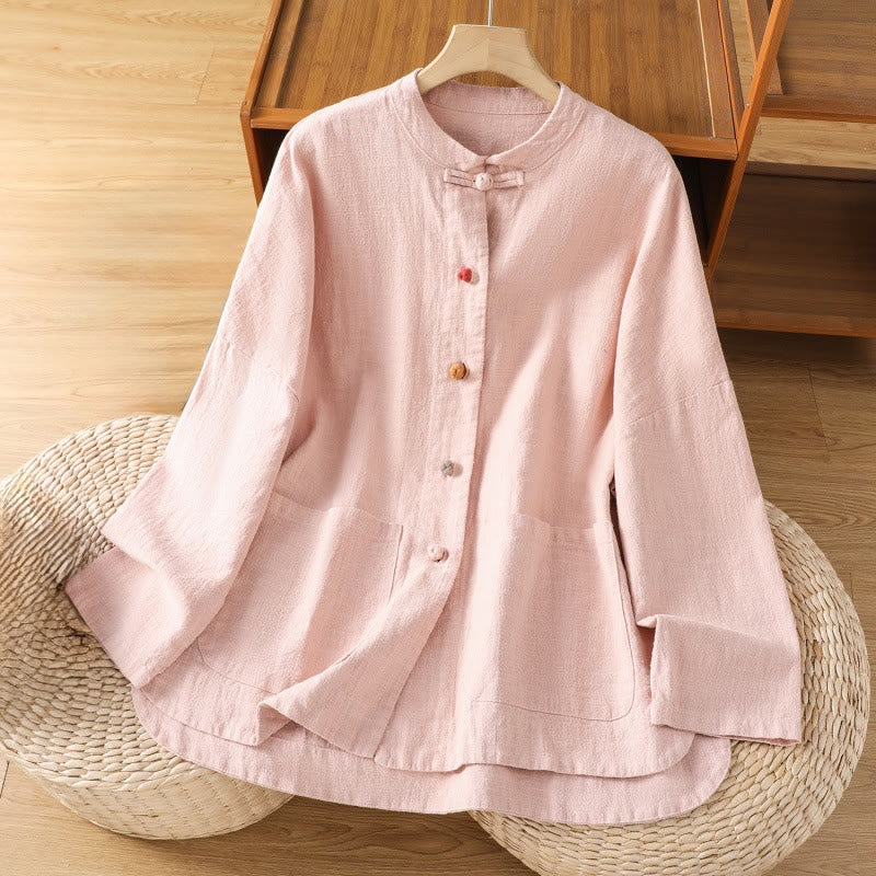 Buddha Stones Casual Frog-button Women's Long Sleeve Cotton Polyester Shirt With Pockets - Pink - US14,UK/AU18,EU46 (2XL) - image 8