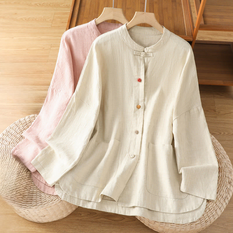 Buddha Stones Casual Frog-button Women's Long Sleeve Cotton Polyester Shirt With Pockets - image 17