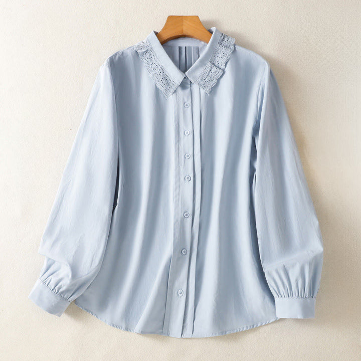 Buddha Stones Casual Women's Long Sleeve Lace Lapel Cotton Shirt - LightSkyBlue - US12,UK/AU16,EU44 (2XL) - image 0
