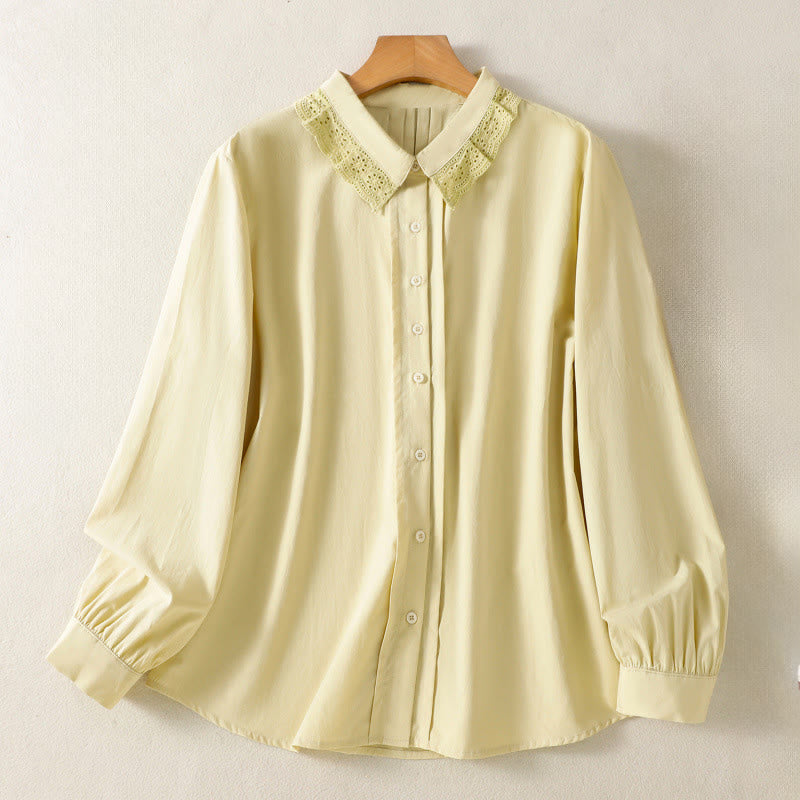 Buddha Stones Casual Women's Long Sleeve Lace Lapel Cotton Shirt - Khaki - US12,UK/AU16,EU44 (2XL) - image 9