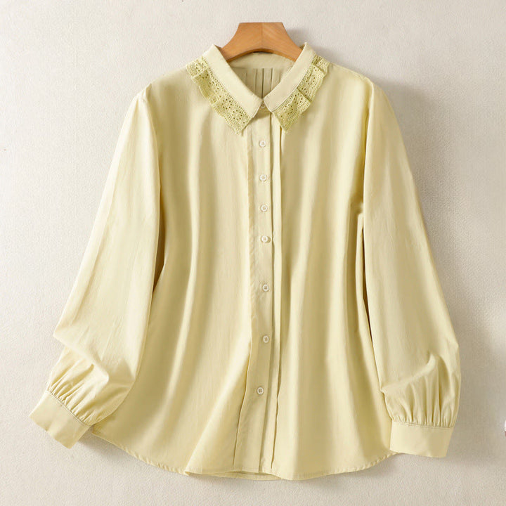 Buddha Stones Casual Women's Long Sleeve Lace Lapel Cotton Shirt - Khaki - US12,UK/AU16,EU44 (2XL) - image 9