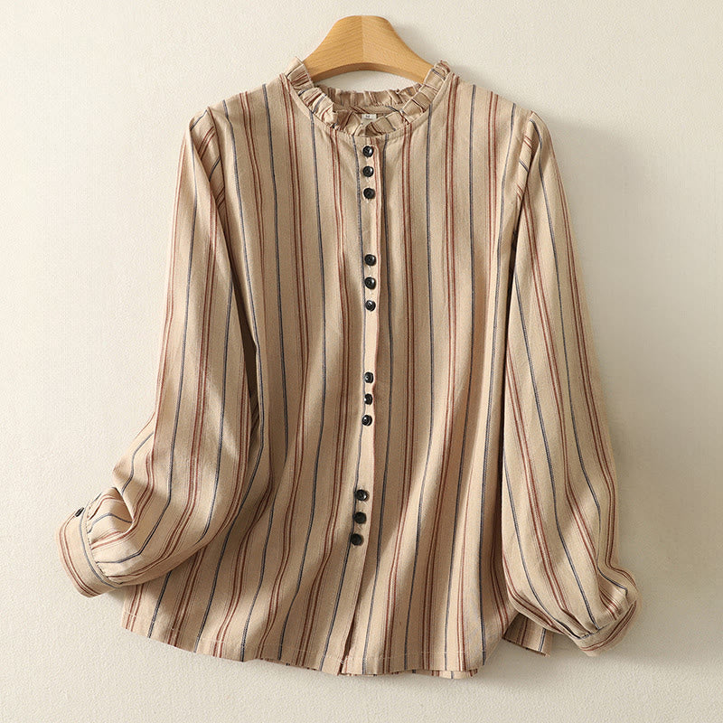 Buddha Stones Casual Retro Stripes Women's Long Sleeve Polyester Shirt - BurlyWood - US12,UK/AU16,EU44 (2XL) - image 5