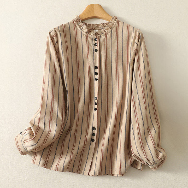 Buddha Stones Casual Retro Stripes Women's Long Sleeve Polyester Shirt - BurlyWood - US12,UK/AU16,EU44 (2XL) - image 5