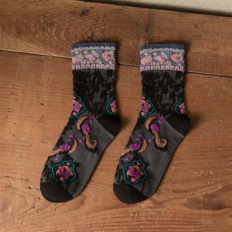Buddha Stones Retro Embossed Floral Pattern Micro Crew Women Cotton Socks - Black - One Size Fits Most (US4–9,EU34–39,UK/AU2.5-6,Asia22-24.5cm) - image 4