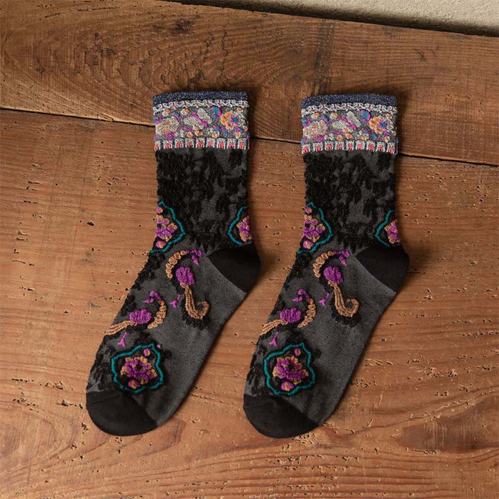 Buddha Stones Retro Embossed Floral Pattern Micro Crew Women Cotton Socks - Black - One Size Fits Most (US4–9,EU34–39,UK/AU2.5-6,Asia22-24.5cm) - image 4