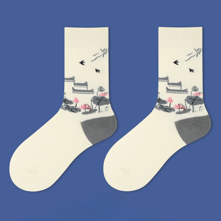Buddha Stones Casual Sailboat Ancient Town Lotus Orchid Countryside Micro Crew Women's Socks - Ancient Town - S-M(US 5.5-10,EU 36-41,UK/AU 3.5-7.5,AISA 22.5-25.5cm) - image 2