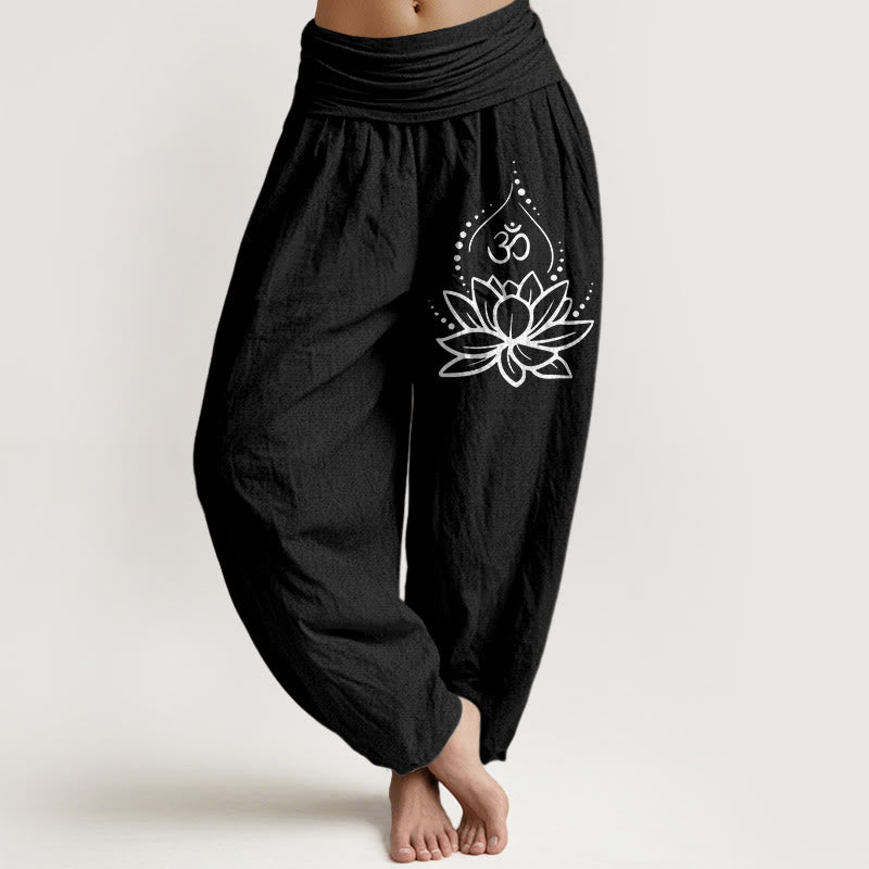 Buddha Stones Blooming Lotus Om Symbol Pattern Women's Elastic Waist Harem Cotton Pants - Black - US22,UK/AU26,EU54 (6XL) - image 5