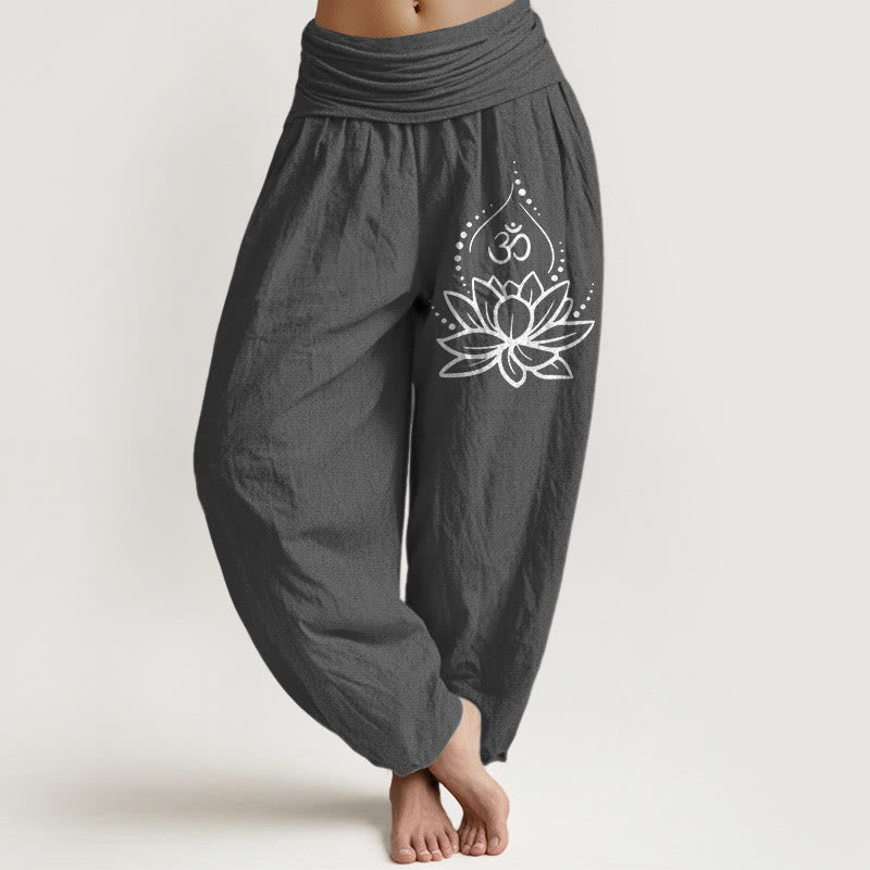 Buddha Stones Blooming Lotus Om Symbol Pattern Women's Elastic Waist Harem Cotton Pants - DimGray - US22,UK/AU26,EU54 (6XL) - image 8