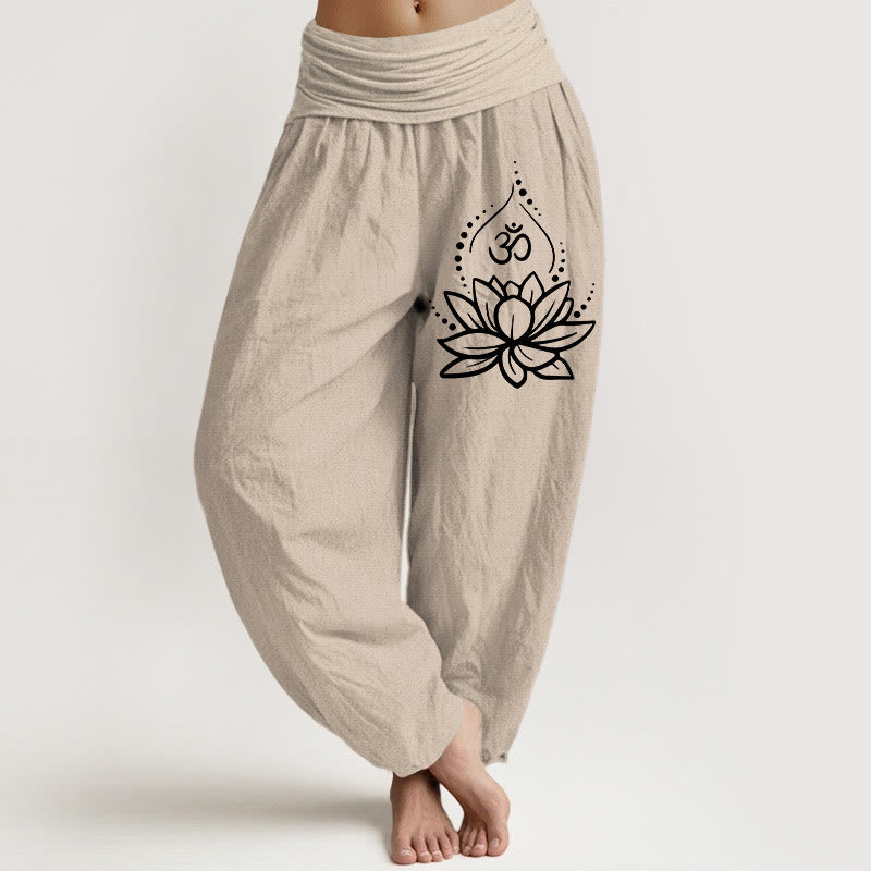 Buddha Stones Blooming Lotus Om Symbol Pattern Women's Elastic Waist Harem Cotton Pants - Tan - US22,UK/AU26,EU54 (6XL) - image 11