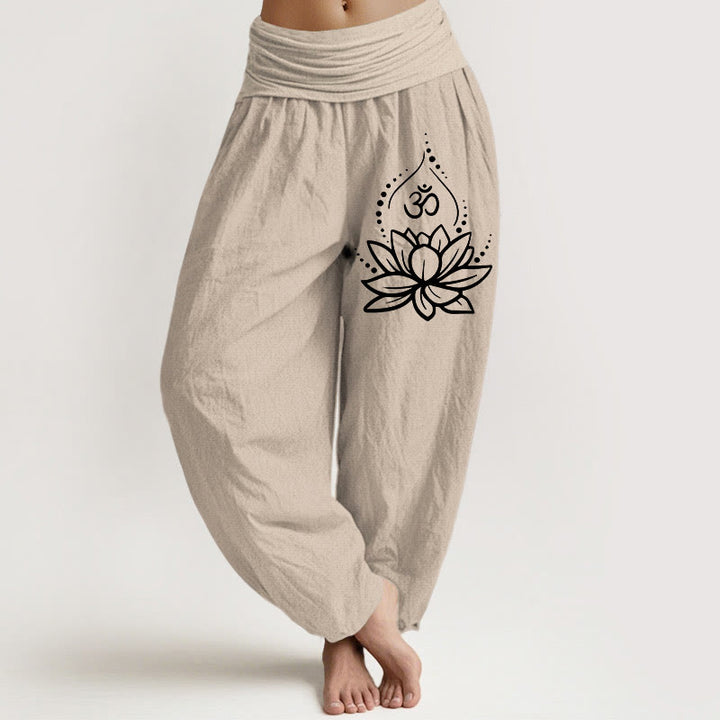 Buddha Stones Blooming Lotus Om Symbol Pattern Women's Elastic Waist Harem Cotton Pants - Tan - US22,UK/AU26,EU54 (6XL) - image 11