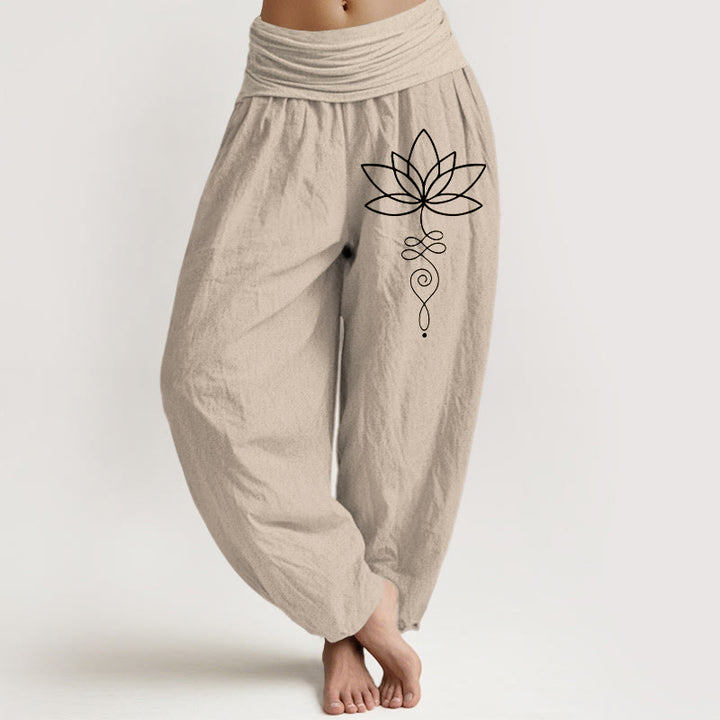 Buddha Stones Lotus Unalome Symbol Pattern Women's Elastic Waist Harem Pure Cotton Pants - Tan - US22,UK/AU26,EU54 (6XL) - image 0
