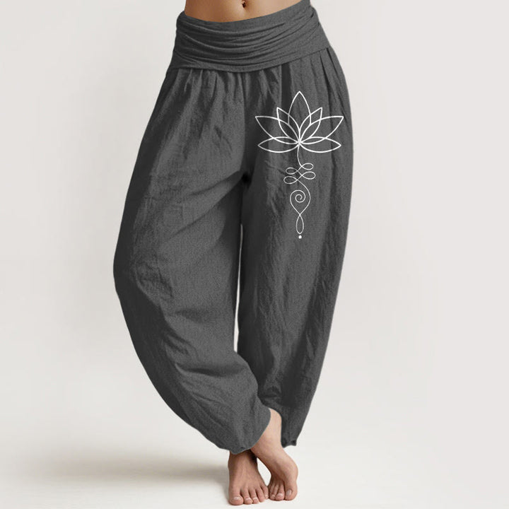 Buddha Stones Lotus Unalome Symbol Pattern Women's Elastic Waist Harem Pure Cotton Pants - DimGray - US22,UK/AU26,EU54 (6XL) - image 11