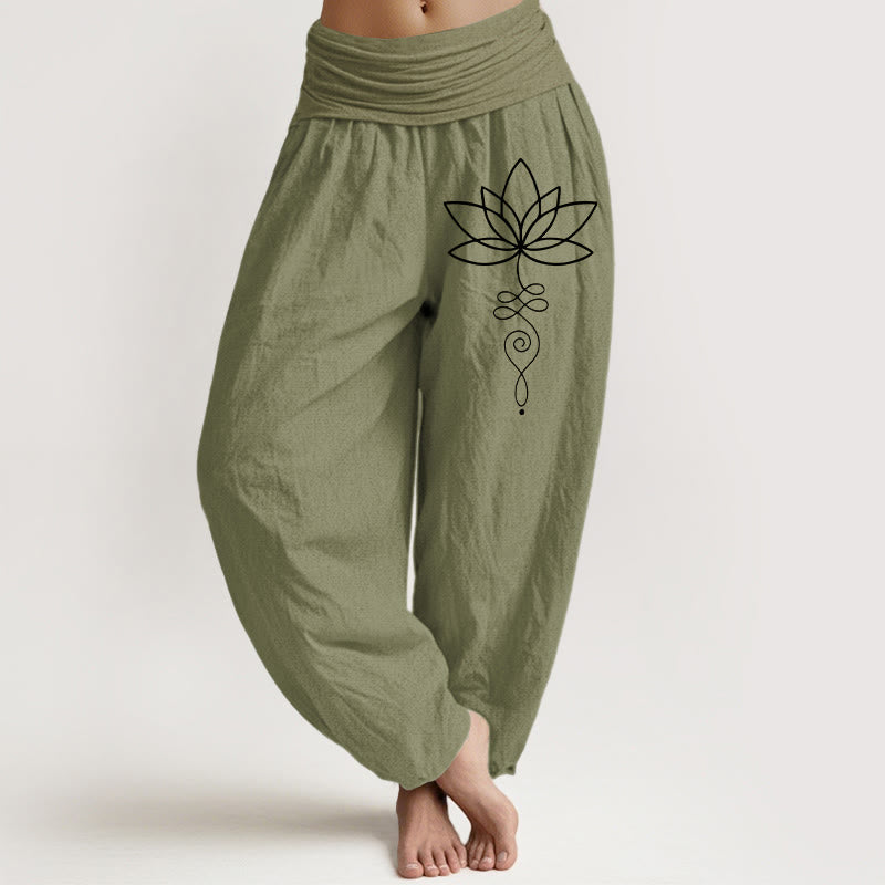 Buddha Stones Lotus Unalome Symbol Pattern Women's Elastic Waist Harem Pure Cotton Pants - OliveDrab - US22,UK/AU26,EU54 (6XL) - image 14