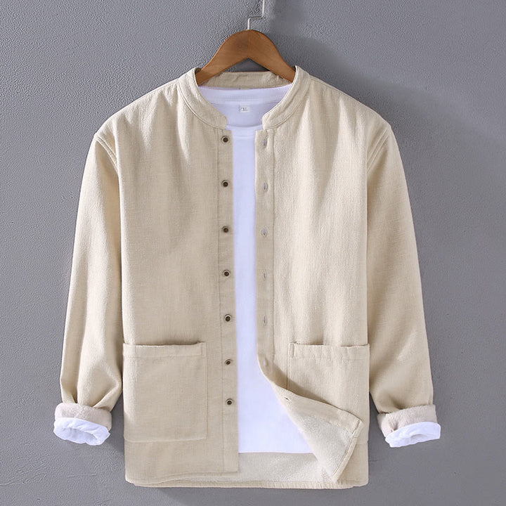 Buddha Stones Men's Stnad Collar Long Sleeve Thermal Fleece-lined Ramie Cotton Jacket With Pockets - Beige - US/UK/AU42,EU52 (3XL) - image 4