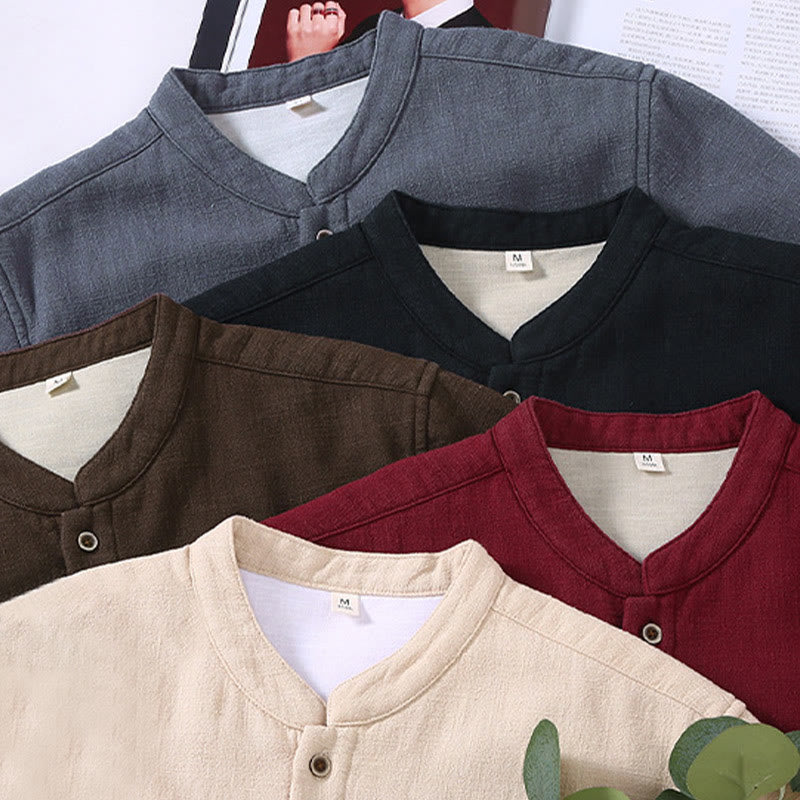 Buddha Stones Men's Stnad Collar Long Sleeve Thermal Fleece-lined Ramie Cotton Jacket With Pockets - image 18