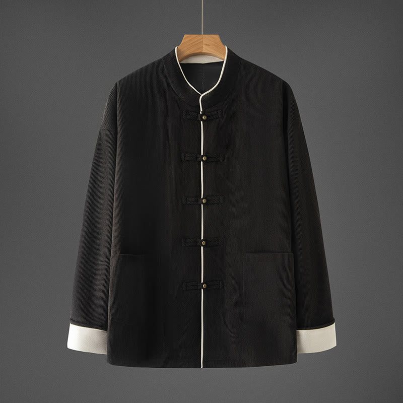 Buddha Stones Men's Frog-Button Mandarin Collar Long Sleeve Cotton Jacket Tang Suit With Pockets - Black - US/UK/AU46,EU56 (5XL) - image 10