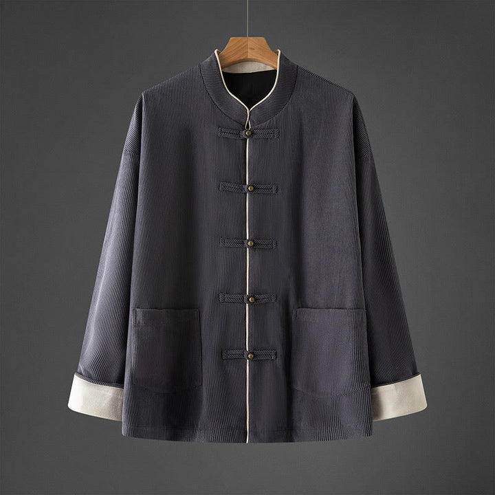 Buddha Stones Men's Frog-Button Mandarin Collar Long Sleeve Cotton Jacket Tang Suit With Pockets - SlateGray - US/UK/AU46,EU56 (5XL) - image 0