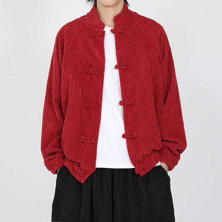 Buddha Stones Men's Chinese Plain Frog-Button Long Sleeve Cotton Corduroy Jacket With Pockets - Crimson - US/UK/AU46,EU56 (5XL) - image 7