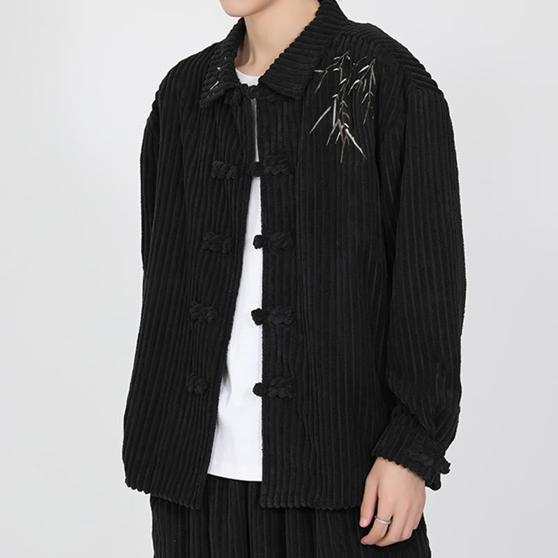 Buddha Stones Embroidery Bamboo Pattern Frog-Button Desgin Long Sleeve Men's Cotton Corduroy Jacket - image 4