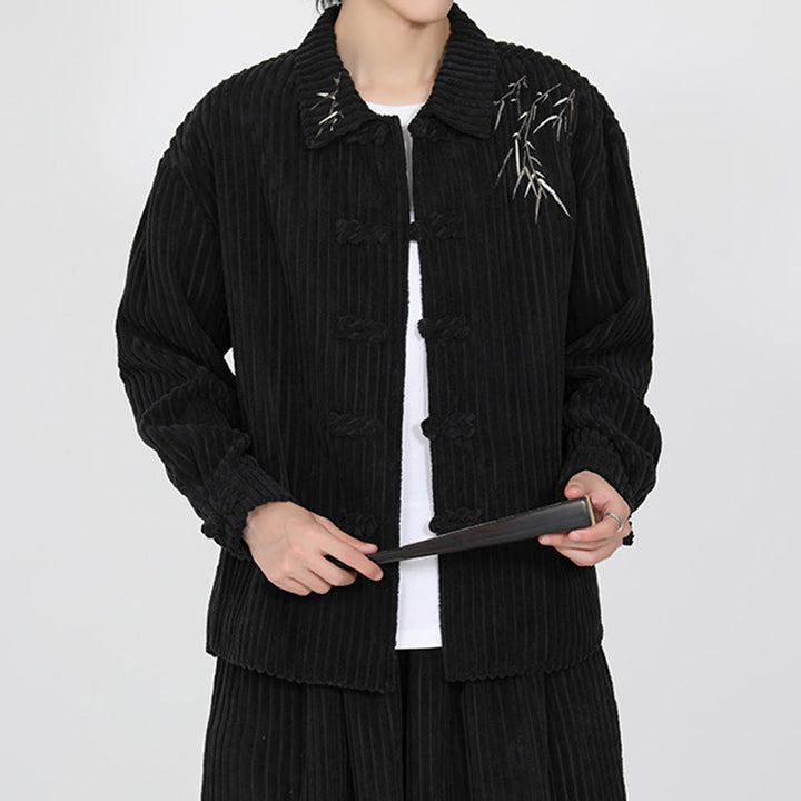 Buddha Stones Embroidery Bamboo Pattern Frog-Button Desgin Long Sleeve Men's Cotton Corduroy Jacket - Black - US/UK/AU46,EU56 (5XL) - image 0