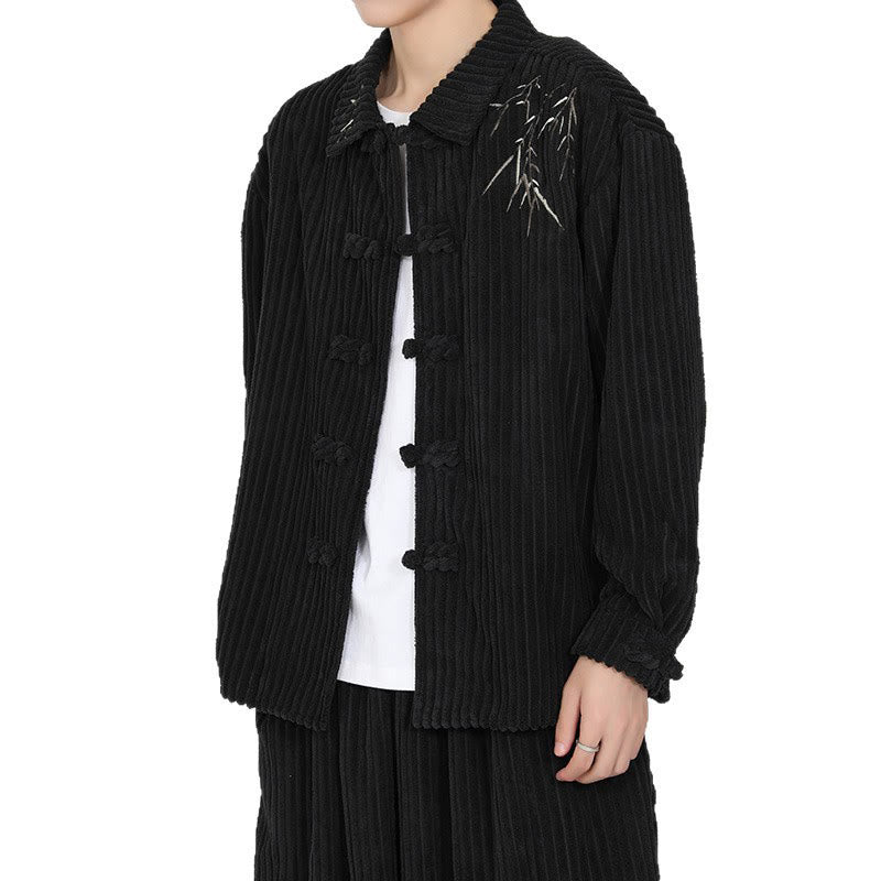 Buddha Stones Embroidery Bamboo Pattern Frog-Button Desgin Long Sleeve Men's Cotton Corduroy Jacket - image 8