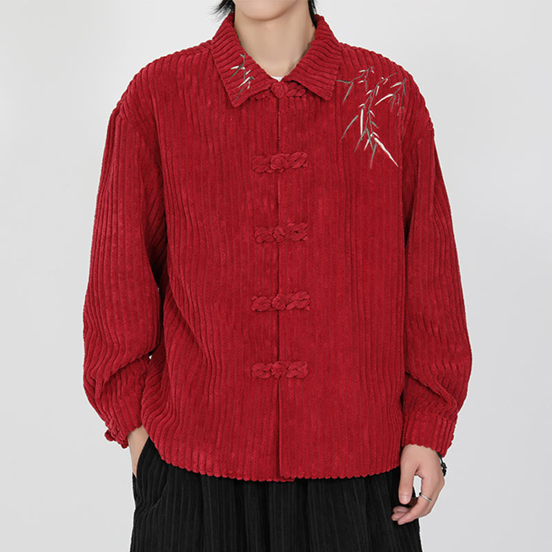 Buddha Stones Embroidery Bamboo Pattern Frog-Button Desgin Long Sleeve Men's Cotton Corduroy Jacket - image 10