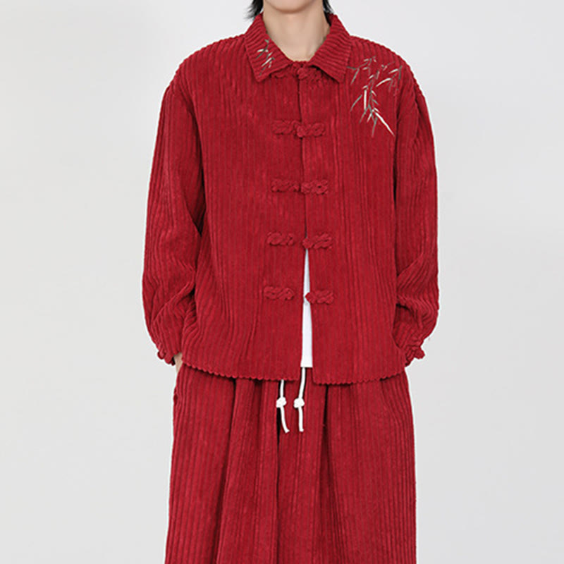 Buddha Stones Embroidery Bamboo Pattern Frog-Button Desgin Long Sleeve Men's Cotton Corduroy Jacket - image 16