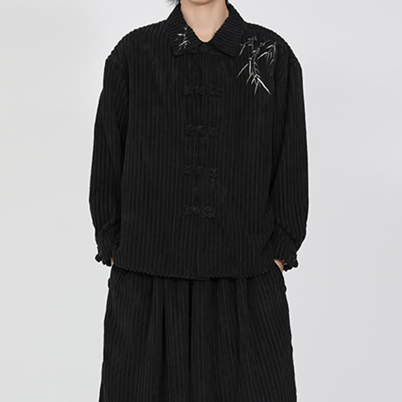 Buddha Stones Embroidery Bamboo Pattern Frog-Button Desgin Long Sleeve Men's Cotton Corduroy Jacket - image 7
