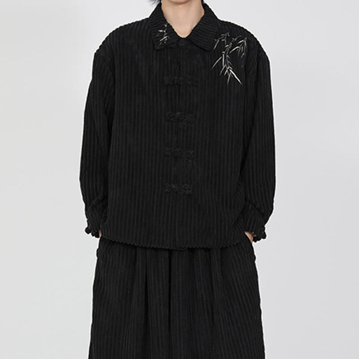 Buddha Stones Embroidery Bamboo Pattern Frog-Button Desgin Long Sleeve Men's Cotton Corduroy Jacket - image 7