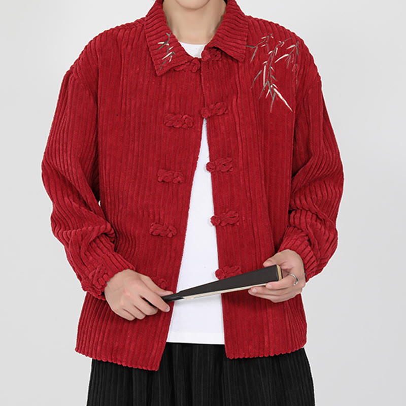 Buddha Stones Embroidery Bamboo Pattern Frog-Button Desgin Long Sleeve Men's Cotton Corduroy Jacket - image 13