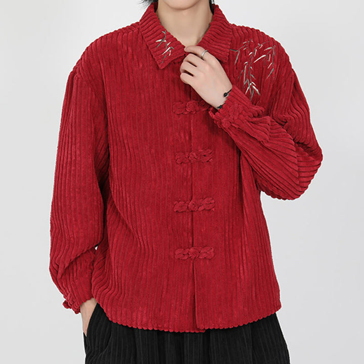 Buddha Stones Embroidery Bamboo Pattern Frog-Button Desgin Long Sleeve Men's Cotton Corduroy Jacket - image 11