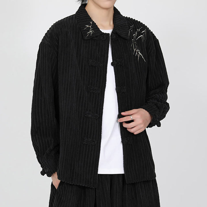 Buddha Stones Embroidery Bamboo Pattern Frog-Button Desgin Long Sleeve Men's Cotton Corduroy Jacket - image 3