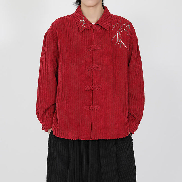 Buddha Stones Embroidery Bamboo Pattern Frog-Button Desgin Long Sleeve Men's Cotton Corduroy Jacket - image 15