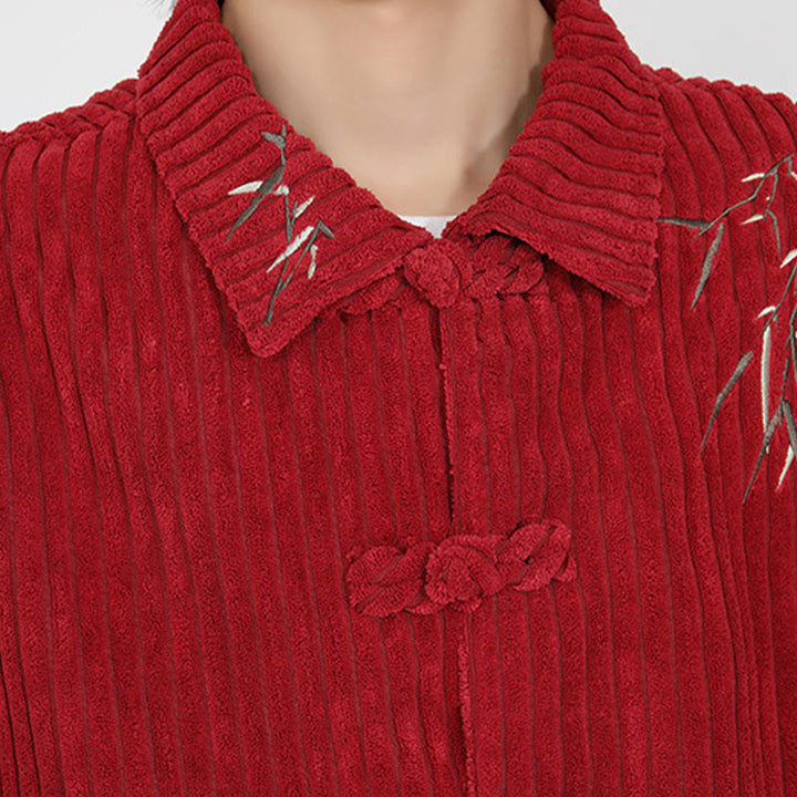 Buddha Stones Embroidery Bamboo Pattern Frog-Button Desgin Long Sleeve Men's Cotton Corduroy Jacket - image 17