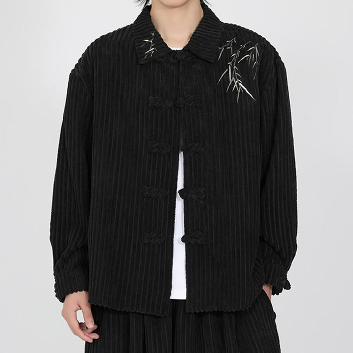 Buddha Stones Embroidery Bamboo Pattern Frog-Button Desgin Long Sleeve Men's Cotton Corduroy Jacket - image 2