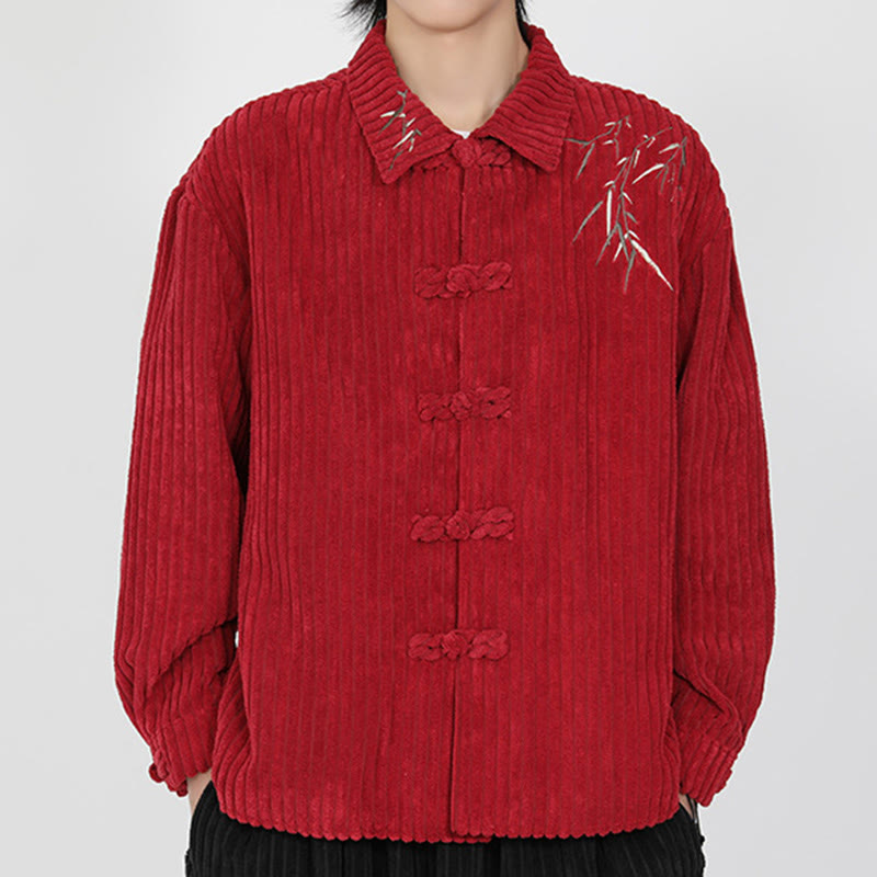 Buddha Stones Embroidery Bamboo Pattern Frog-Button Desgin Long Sleeve Men's Cotton Corduroy Jacket - Crimson - US/UK/AU46,EU56 (5XL) - image 9