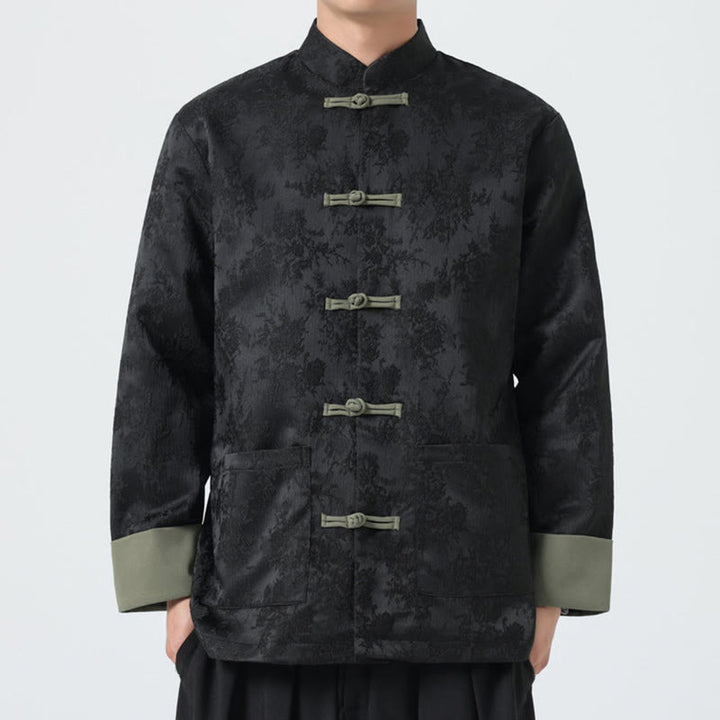 Buddha Stones Jacquard Frog-Button Long Sleeve Men's Cotton Jacket Tang Suit With Pockets - Black - US/UK/AU46,EU56 (5XL) - image 0