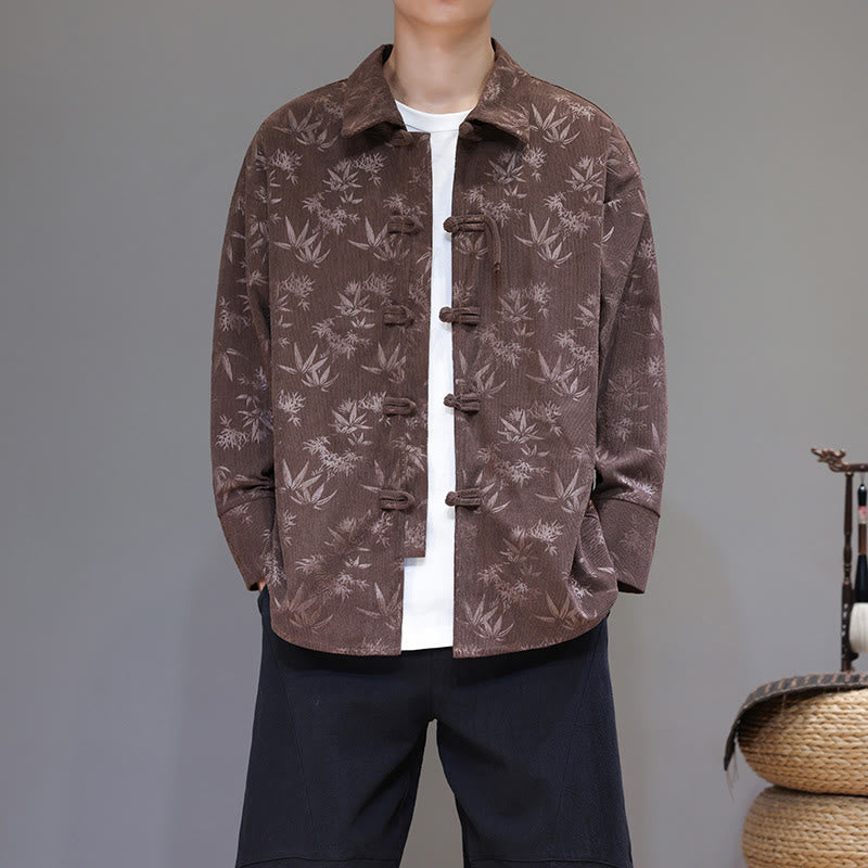 Buddha Stones Jacquard Leaves Pattern Frog-Button Long Sleeve Men's Cotton Tang Suit Jacket - image 26