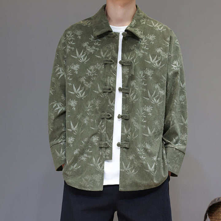 Buddha Stones Jacquard Leaves Pattern Frog-Button Long Sleeve Men's Cotton Tang Suit Jacket - image 18