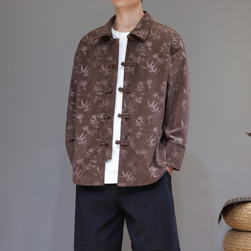 Buddha Stones Jacquard Leaves Pattern Frog-Button Long Sleeve Men's Cotton Tang Suit Jacket - Sienna - US/UK/AU48,EU58(5XL) - image 25