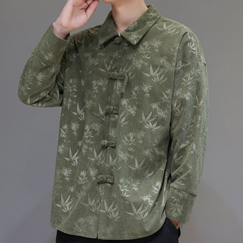 Buddha Stones Jacquard Leaves Pattern Frog-Button Long Sleeve Men's Cotton Tang Suit Jacket - image 21