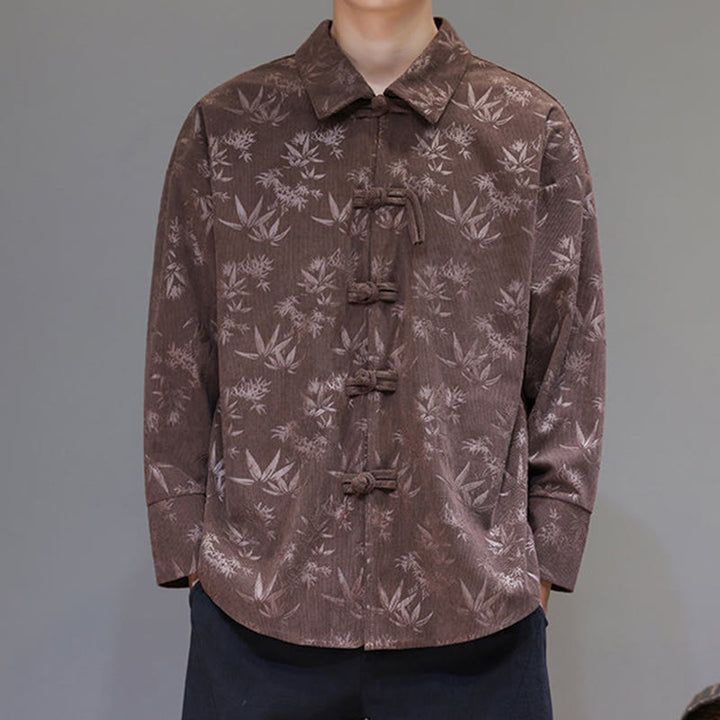 Buddha Stones Jacquard Leaves Pattern Frog-Button Long Sleeve Men's Cotton Tang Suit Jacket - image 31