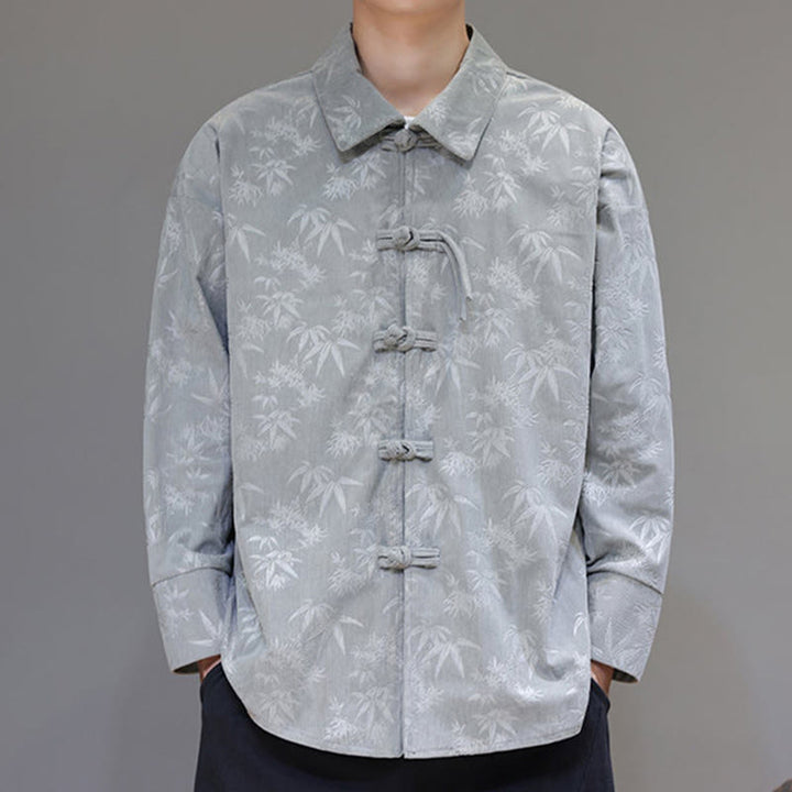 Buddha Stones Jacquard Leaves Pattern Frog-Button Long Sleeve Men's Cotton Tang Suit Jacket - image 10