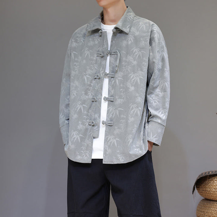 Buddha Stones Jacquard Leaves Pattern Frog-Button Long Sleeve Men's Cotton Tang Suit Jacket - LightGrey - US/UK/AU48,EU58(5XL) - image 8