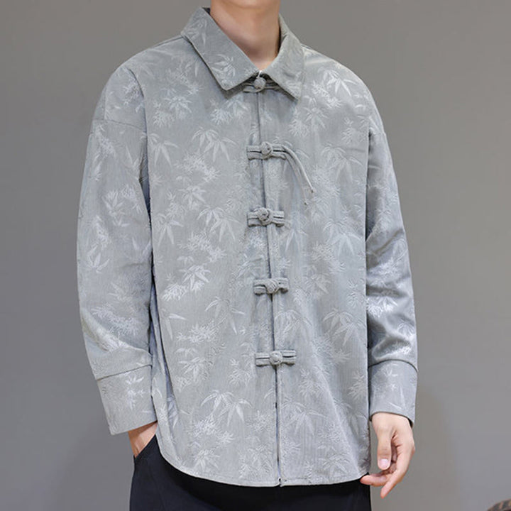 Buddha Stones Jacquard Leaves Pattern Frog-Button Long Sleeve Men's Cotton Tang Suit Jacket - image 12
