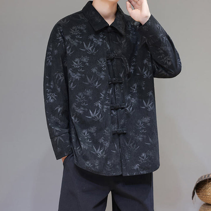 Buddha Stones Jacquard Leaves Pattern Frog-Button Long Sleeve Men's Cotton Tang Suit Jacket - image 6