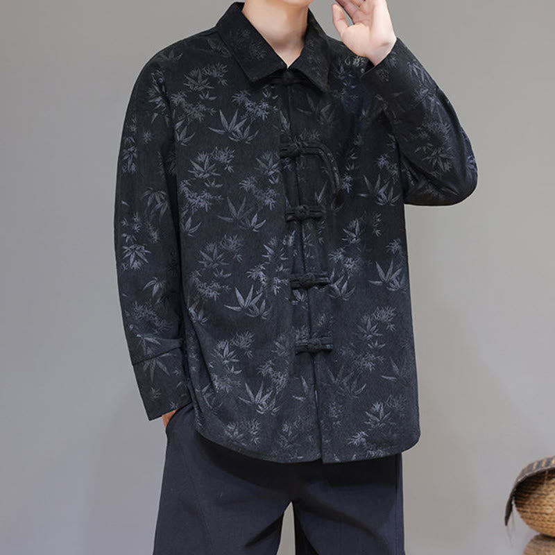 Buddha Stones Jacquard Leaves Pattern Frog-Button Long Sleeve Men's Cotton Tang Suit Jacket - image 6