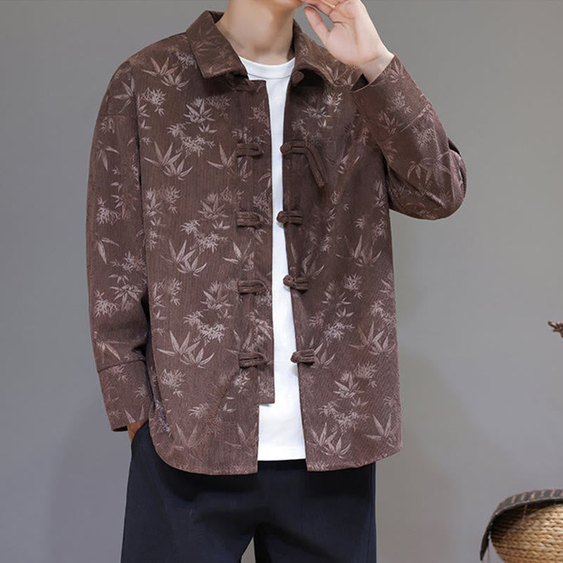 Buddha Stones Jacquard Leaves Pattern Frog-Button Long Sleeve Men's Cotton Tang Suit Jacket - image 32